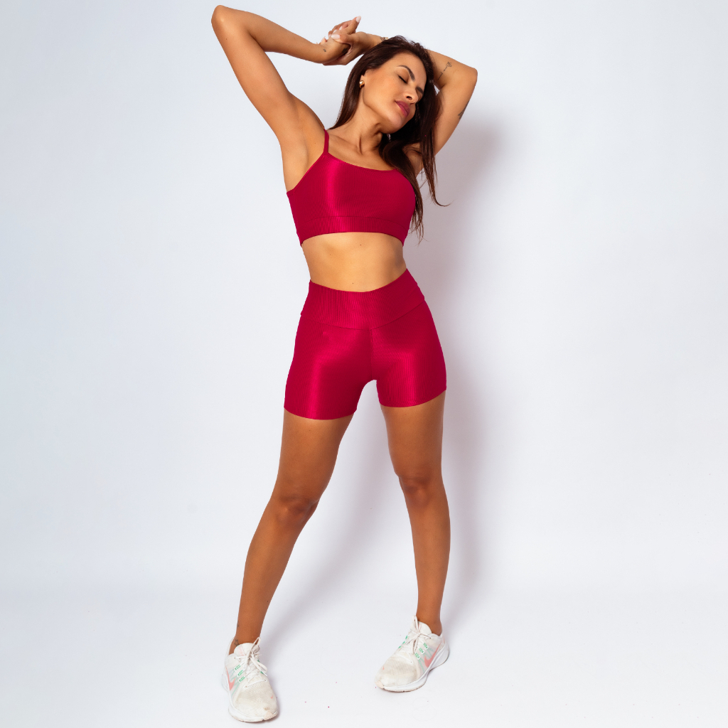 Conjunto Top + Shorts Canelado Top Com Bojo Removível Costura Reforçada Academia Poliamida...