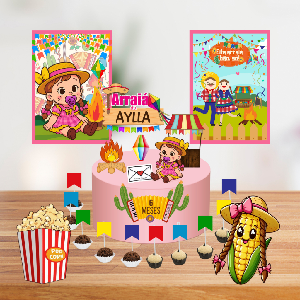 Kit Festa Só Um Bolinho ARRAIÁ FESTA JUNINA MENINA BABY Enviar Nome/Idade IMEDIATAMENTE