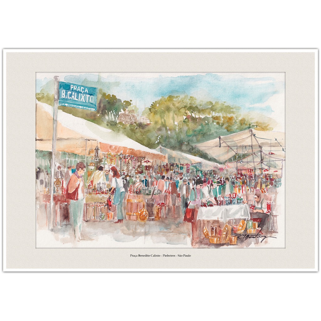 Praça Benedito Calixto - Pinheiros - São Paulo | Arte em Aquarela para Quadro Decorativo | A4