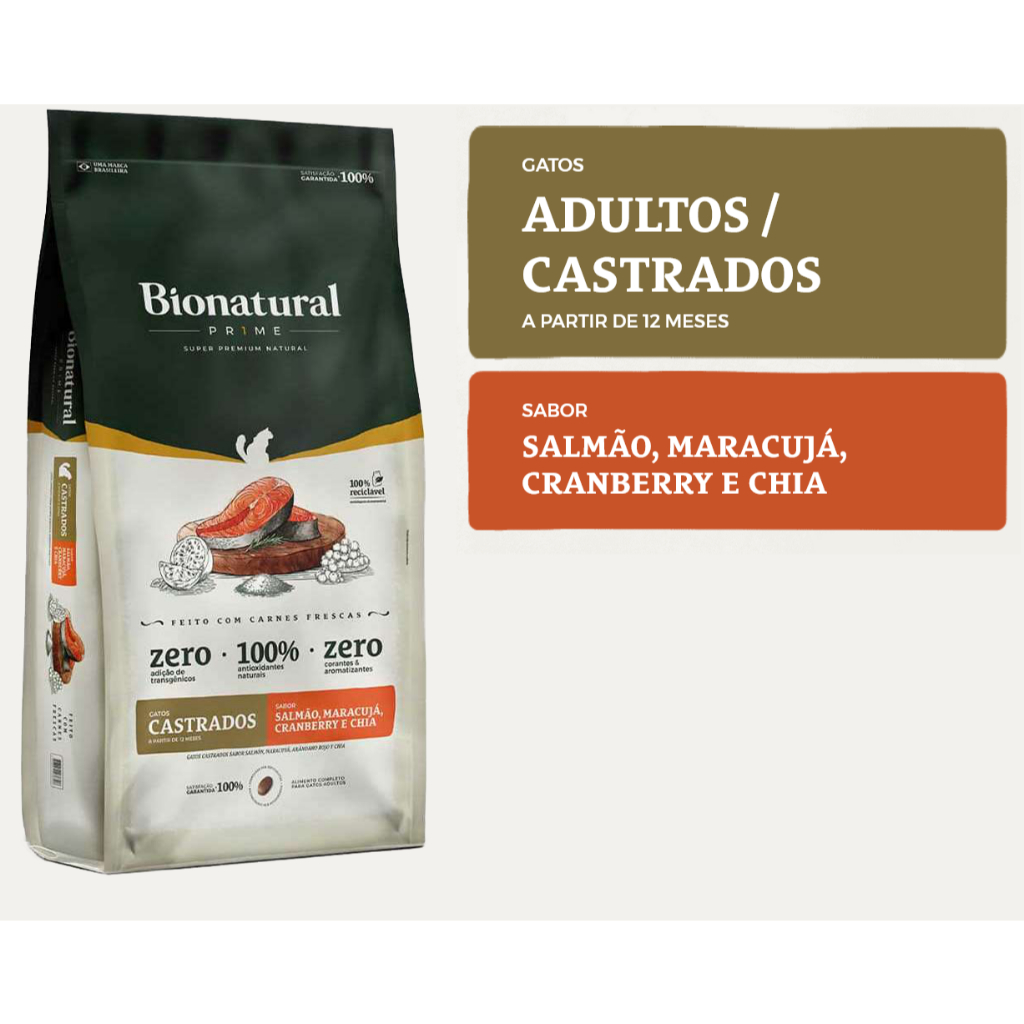 Ração Bionatural Prime Gatos Castrados sabor Salmão 20 KG