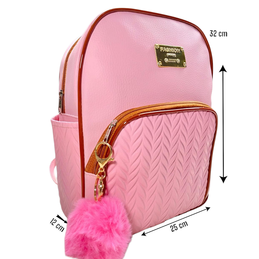 Mochila Feminina Mediana Estilosa Dois bolsos laterais + Pompom Brinde