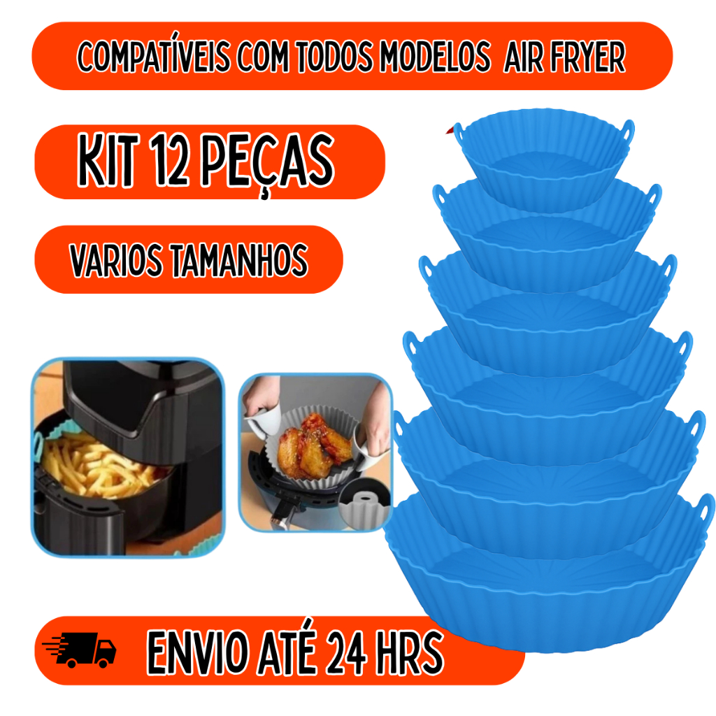 2 Kit com 6 Forma Silicone Para Air Fryer Fritadeira Forno Assadeira Microondas Reutilizável Lavável Forma Antiaderente