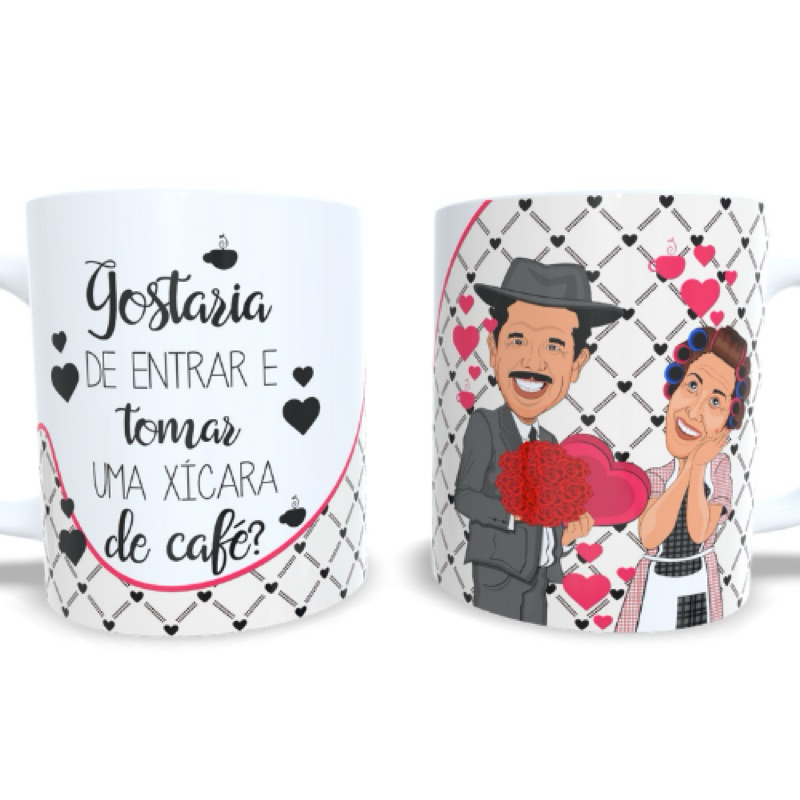 Caneca personalizada dia dos namorados Dona Florinda e Seu Girafales - gostaria de entrar e tomar uma xícara de café?