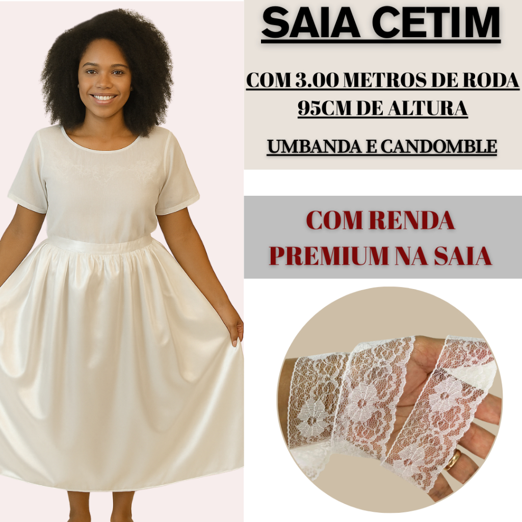 Saia Cetim Com Renda Umbanda e Candomblé Premium Luxo 3.00M de Roda 95cm Altura
