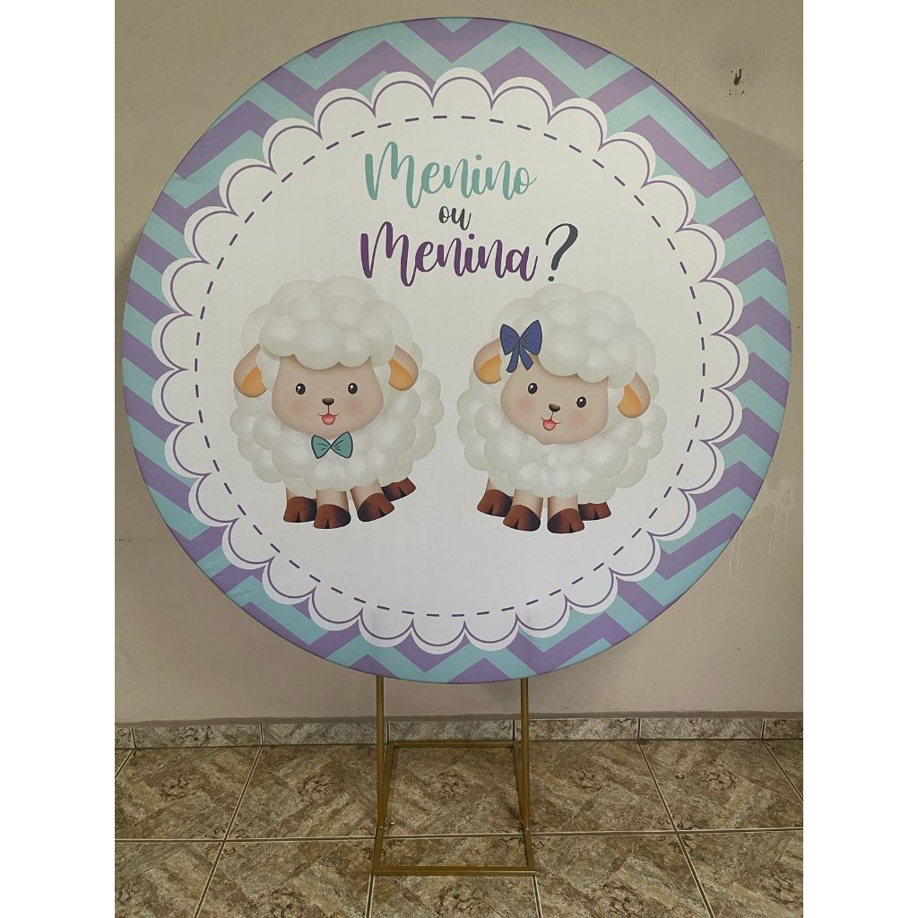 Capa para painel de Festa Redondo 1,50 mts Malha Sublimado Chá Revelação ovelhinhas verde lilás