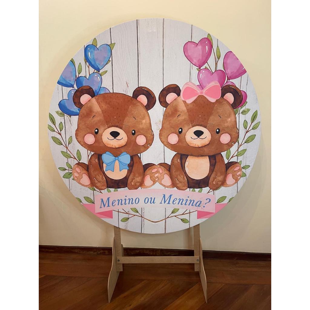 Capa para painel de Festa Redondo 1,50 mts Malha Sublimado Chá Revelação Ursinhos azul e rosa cute