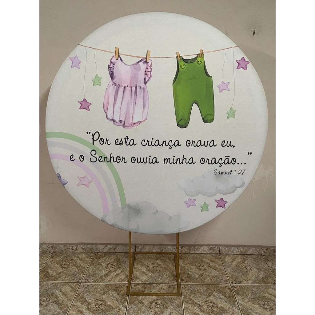 Capa para painel de Festa Redondo 1,50 Malha Sublimado Chá Revelação Roupinhas no Varal verde lilás
