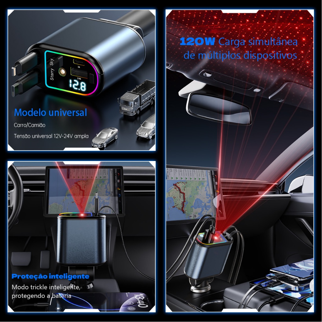 carregador de carro 120W USB/IOS/TYPE-C Adaptador 4 Em 1 usb veicular com LED carregador super turbo