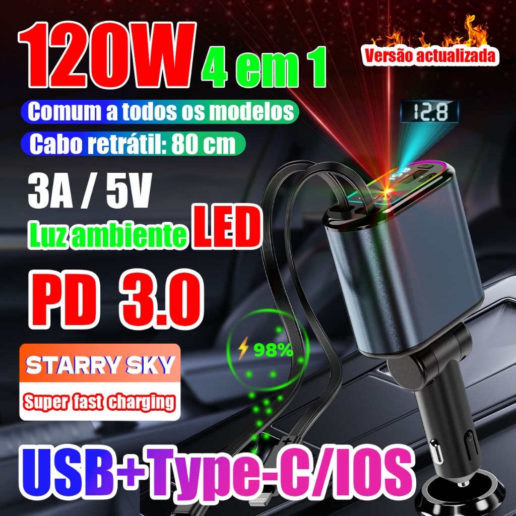carregador de carro 120W USB/IOS/TYPE-C Adaptador 4 Em 1 usb veicular com LED carregador super turbo em Oferta na Shopee