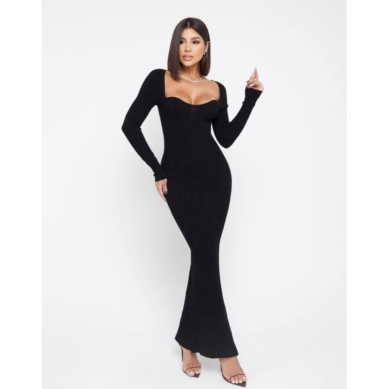 Vestido feminino longo shape justo manga longa decote bustiê tricô modal premium elegante festa moda gringa inverno