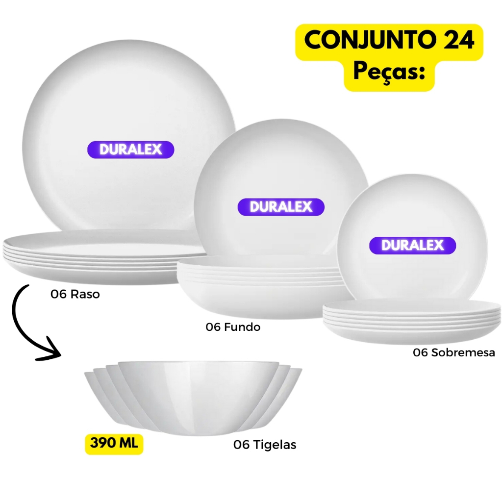 Conjunto Aparelho 24 Peças 18 Pratos Vidro Blanc Fundo + Raso + Sobremesa + Cumbuca Saladeira 390ML