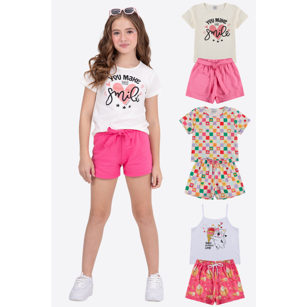 Kit 6 Peças de Roupas Infantis Rosa Menina Verão- 3 Camisetas + 3 Shorts