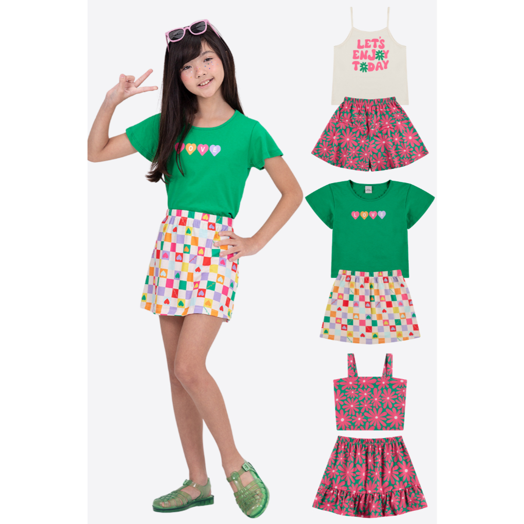 Kit 6 Peças de Roupas Infantis Verde Menina Verão- 3 Camisetas + 3 Saia