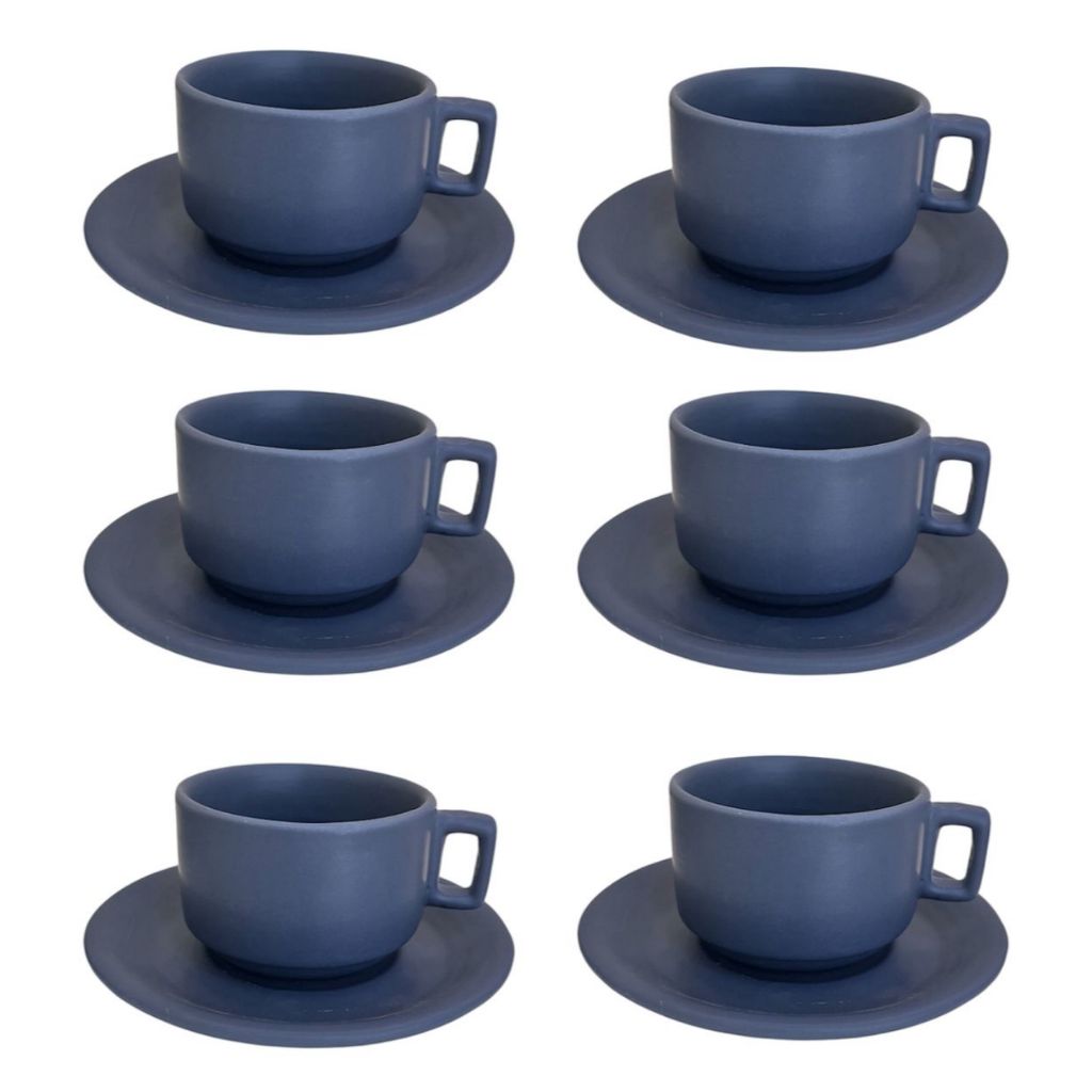 Conjunto de Xícara de Chá 200ml  Azul Marinho Matte Cerâmica Rústica 4-6 Peças