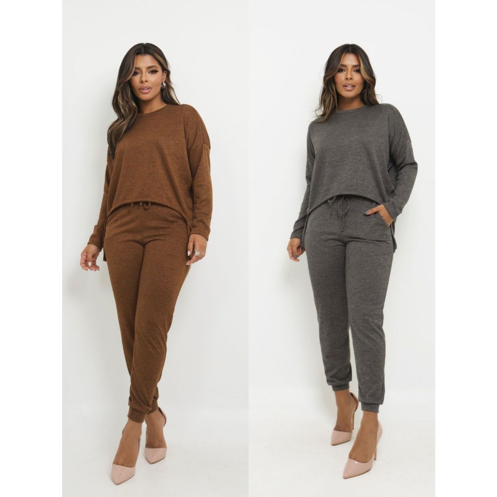 Kit 2 Conjuntos Femininos Malha Tricot Longo Moda Inverno