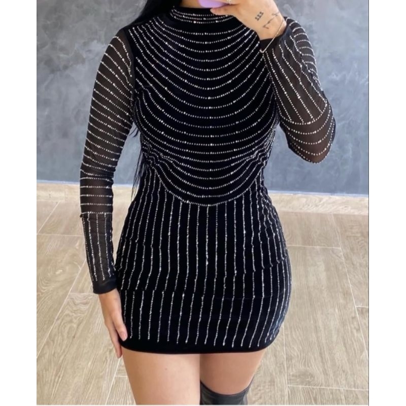 Vestido Veludo Curto  Brilho Strass Manga Longa Tule