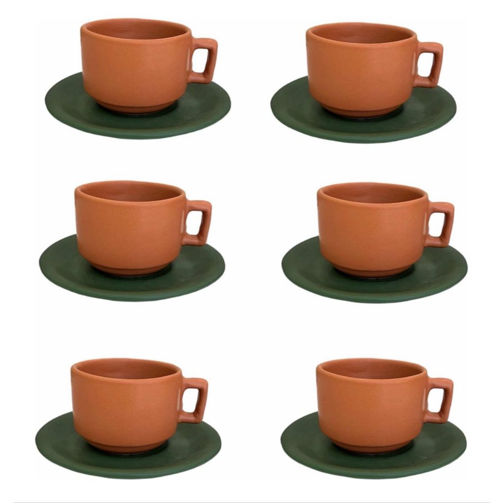 Kit de Xícaras de Chá Verde com Terracota Matte 200ml Cerâmica Rústica 4-6 Peças