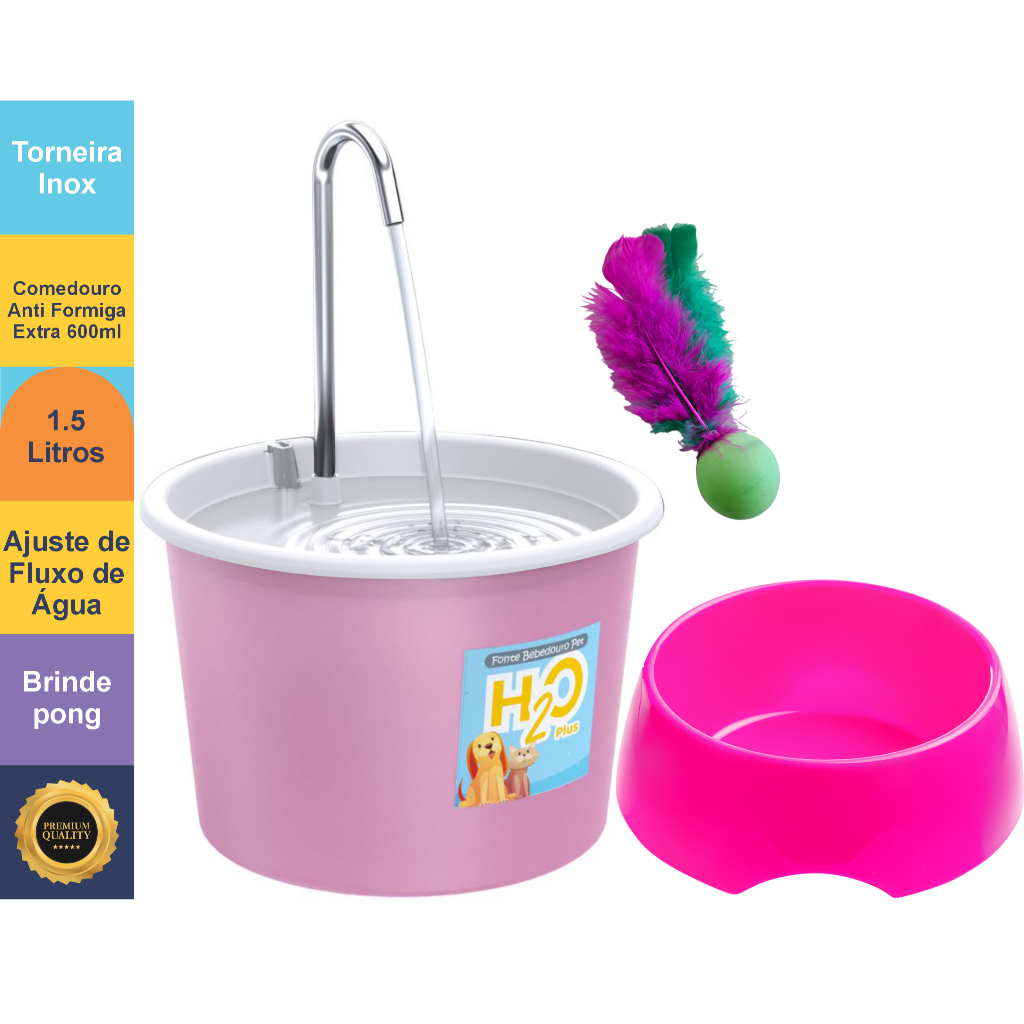 Fonte Bebedouro para Gatos e Cães H2O PLUS + Comedouro 600ml + Pong