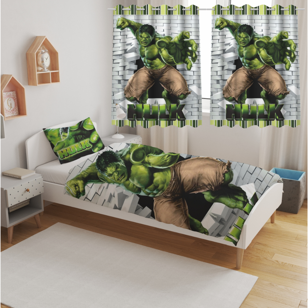 Jogo de Lençol Solteiro Hulk e Cortina Decoração para Quarto Infantil em Oferta na Shopee