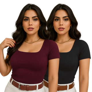 Kit 2 Blusas Canelada Blusinha Feminina Decote Quadrado Manga Curta Trabalho Básica Gola U Faculdade em Oferta na Shopee