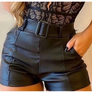 Short Feminino De Couro Fake Com Cinto e Bolso Fivela Cintura Alta