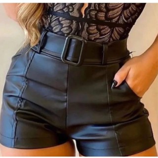 Short Feminino De Couro Fake Com Cinto e Bolso em Oferta na Shopee