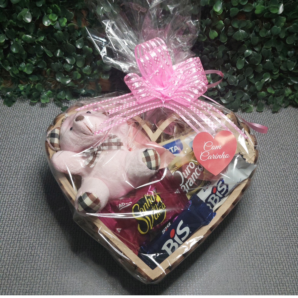 Cesta Coração de Chocolate + Chaverinho  Urso Rosa Presente Para , Namorada Aniversário,Amiga,Mãe,Professora em Oferta na Shopee