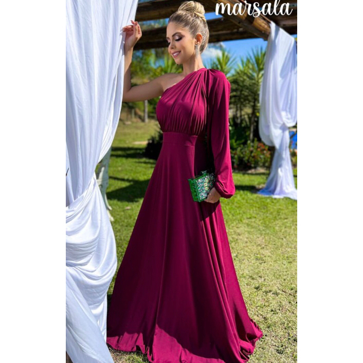 Cristina Anair Vestido Longo Madrinha Festa Casamento Formatura Um Ombro Só Manga Longa em Oferta na Shopee