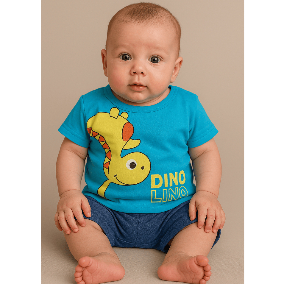 Conjunto Bebê Masculino Dino Amarelo Camisa e Short Fresco Confortável Malha 2-4 meses