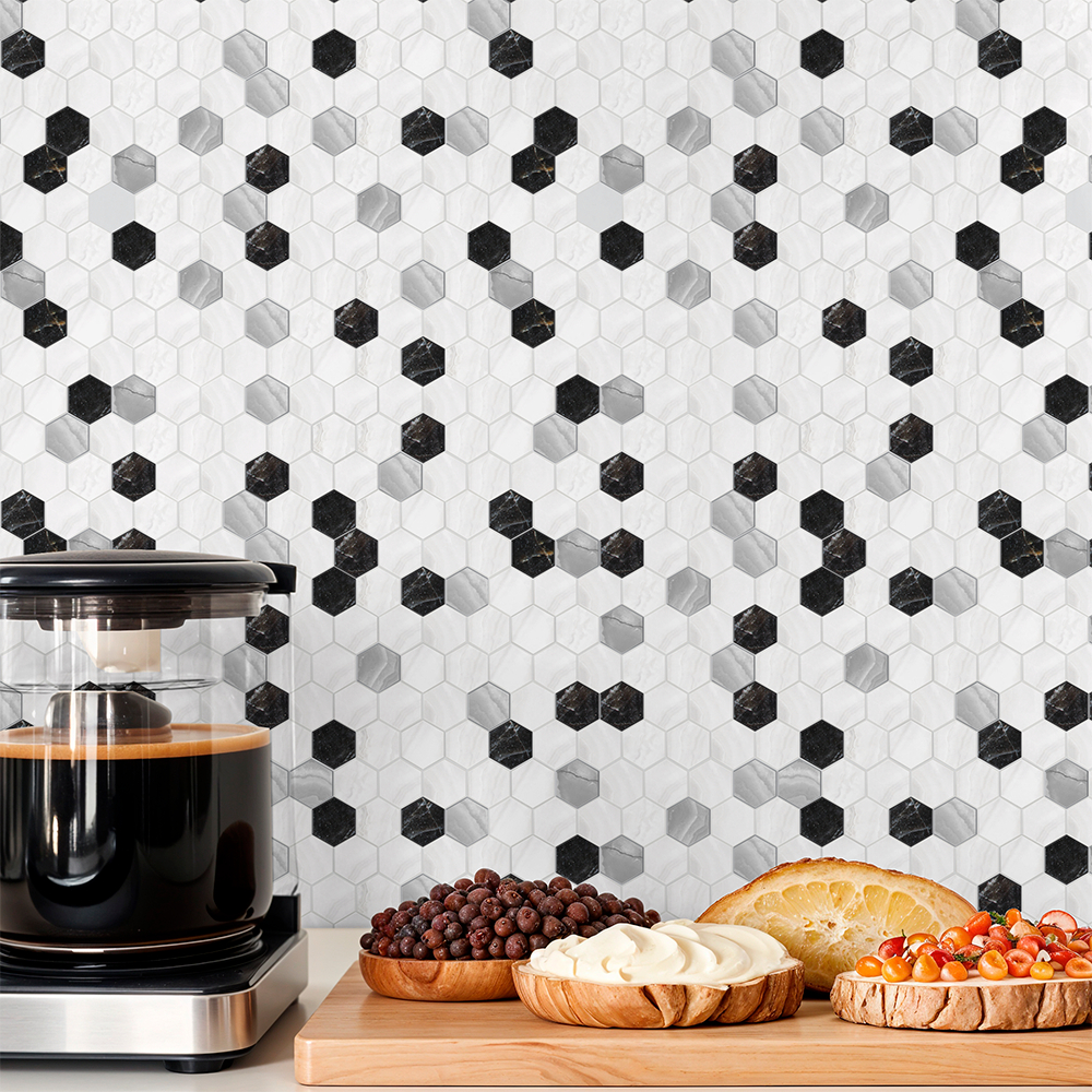 Azulejo Adesivo Lavável Colmeia Marmorizado Preto e Branco Azulejo Para Cozinha Banheiro 3m x 50cm
