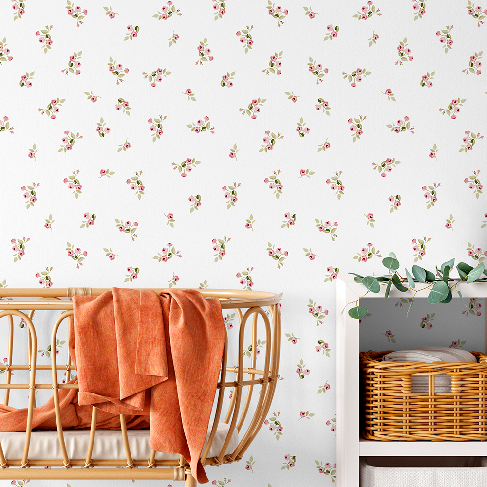 Papel de Parede Adesivo Infantil Floral Delicado Para Quarto de Bebê Menina Lavável 3m x 50cm