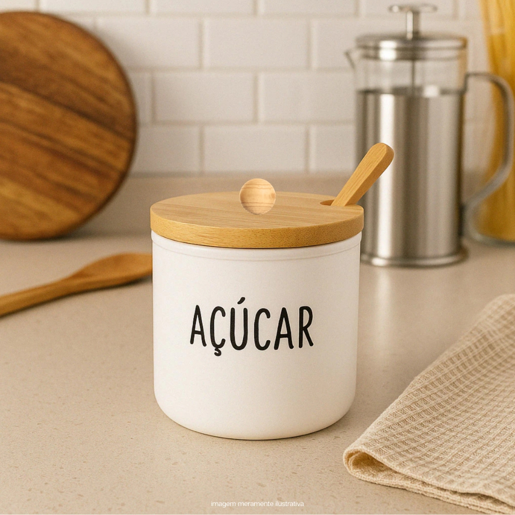 Açucareiro de Vidro Com Tampa de Bambu Com Colher 300ml
