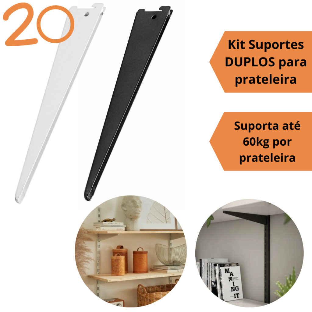 Kit 20 Suportes Duplos para Trilho Cremalheira Prateleira Mão Francesa Resistente 60kg 27cm 37cm