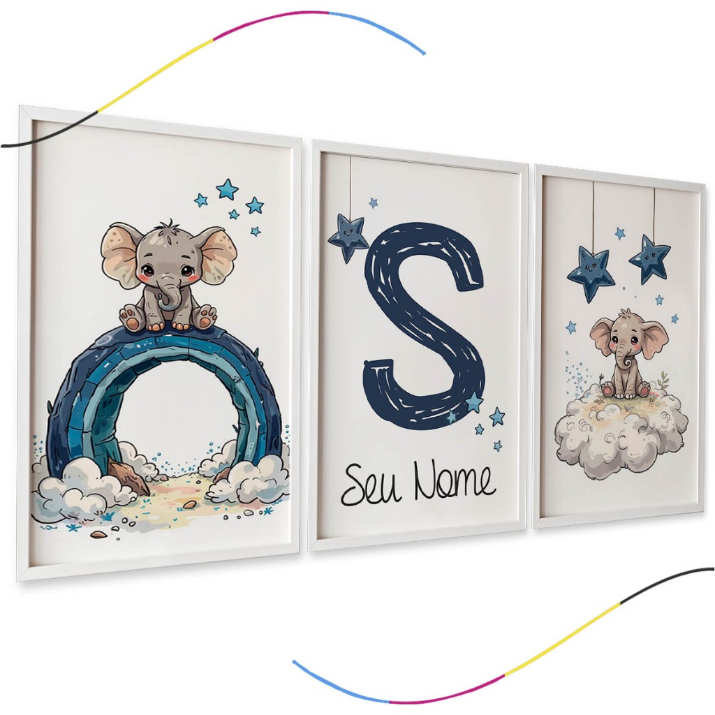 Kit de Quadros Decorativos Infantis, Elefantinho Azul com Nuvens e Estrelas, 3 Peças com Nome