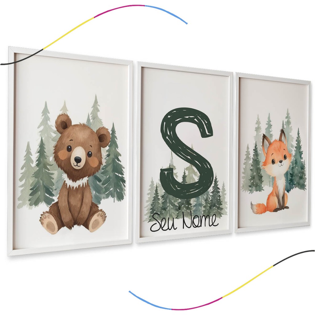 Conjunto de 3 Quadros Decorativos Infantis, Urso e Raposa na Floresta com Letra Personalizada, Nome