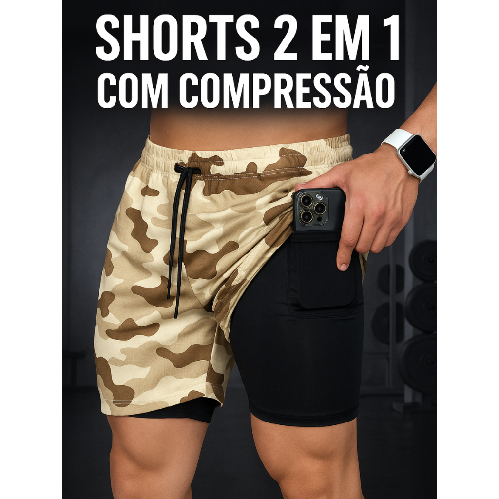 Shorts Camuflados 2 em 1 com Compressão para Treino, Academia e Corrida com Elastano em Oferta na Shopee