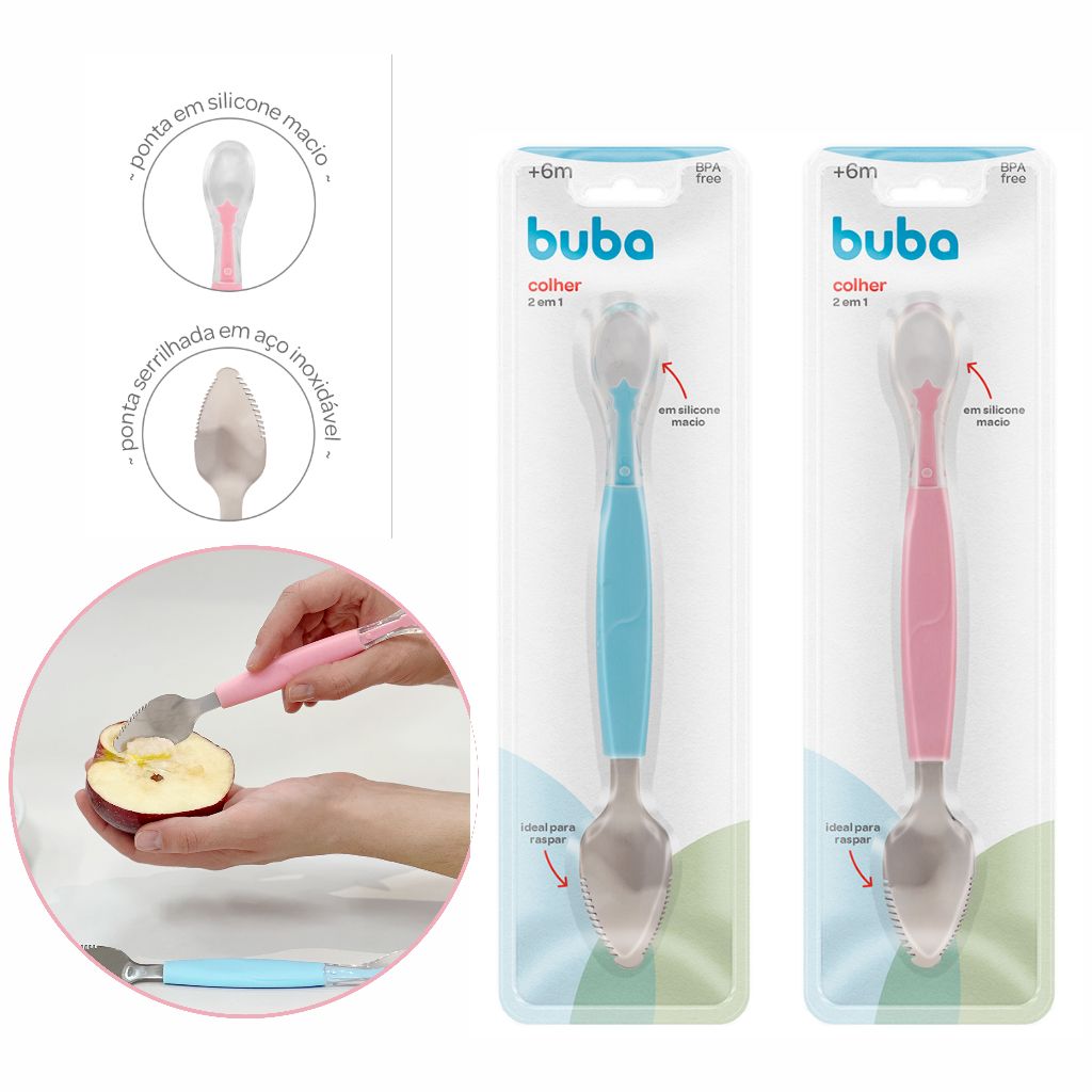 Colher 2 em 1 Raspa Frutinha E Colher de Silicone Buba Inox Rosa Azul