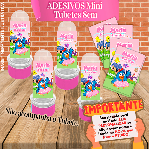 30 Adesivos de Mini Tubete 8cm Personalizado Galinha Pintadinha Azul e Rosa