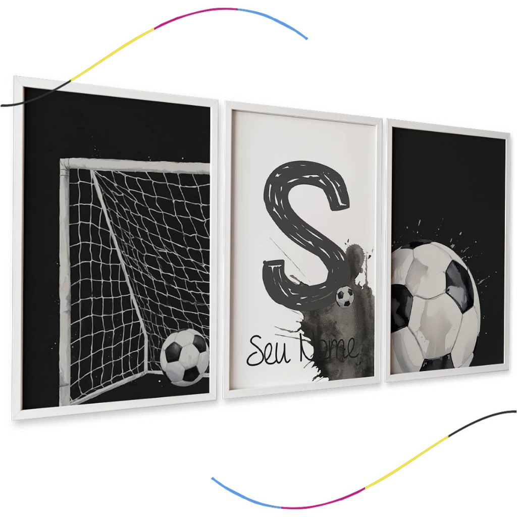 Quadros Decorativos Futebol, Conjunto 3 Peças, Arte em Preto e Branco com Trave, Bola e Letra e Nome