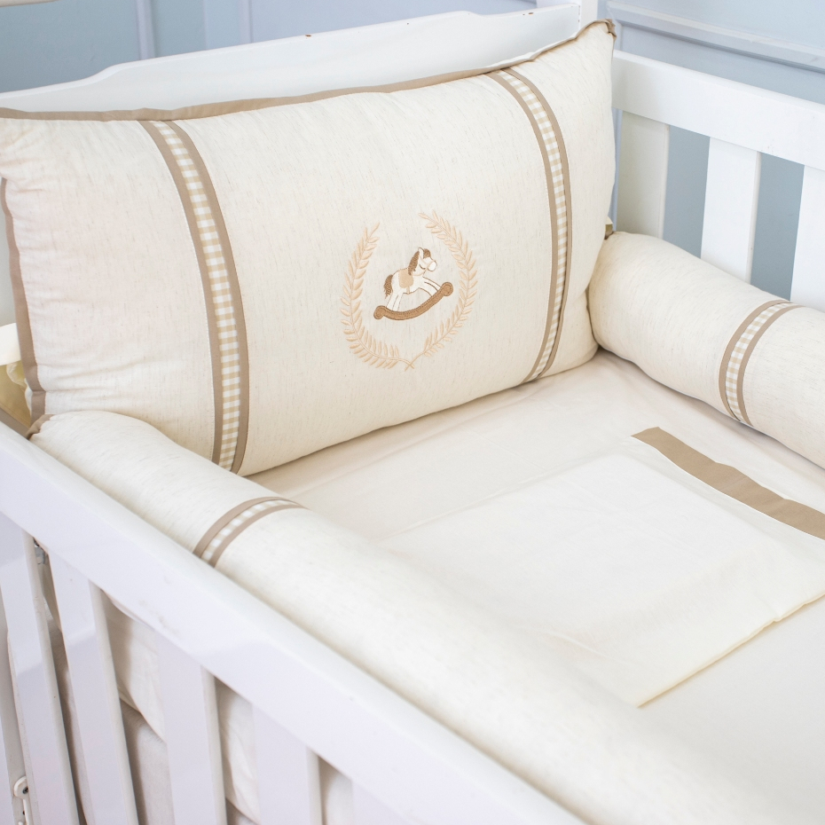 Kit Berço Linho Cavalinho Luxo Bordado Americano 100% Algodão Menino Menina Enxoval de Bebe  5Pçs