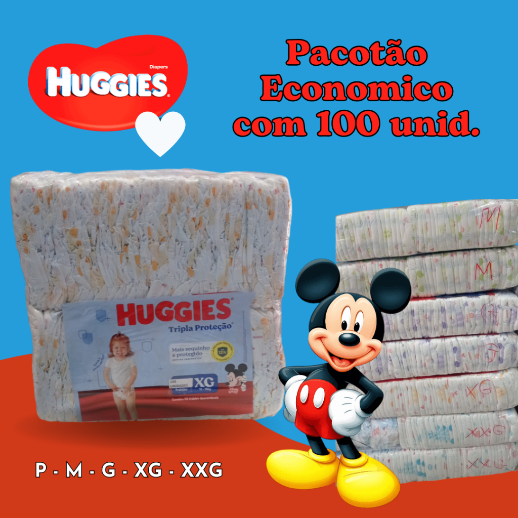 Pacotão Economico Huggies com 100 fraldas P(3,5 - 6kg) M(5,5 - 9,5kg) G(9 -12,5kg) XG (12 - 15kg) XXG(14 - 20Kg)