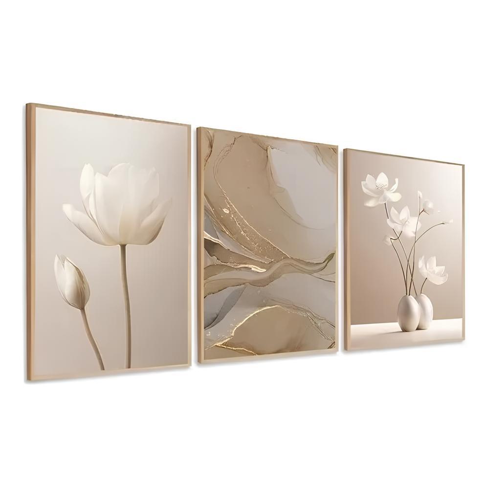 Kit 3 Quadros Decorativos Abstrato Flores Bege Boho Moldura 40X60  20X30 com Fita Dupla Fa...