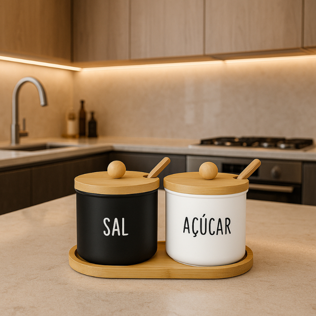 Porta Condimento Saleiro Açucareiro Cozinha Premium Kit Com Suporte Cantinho Do Café Conjunto 3 pçs em Oferta na Shopee