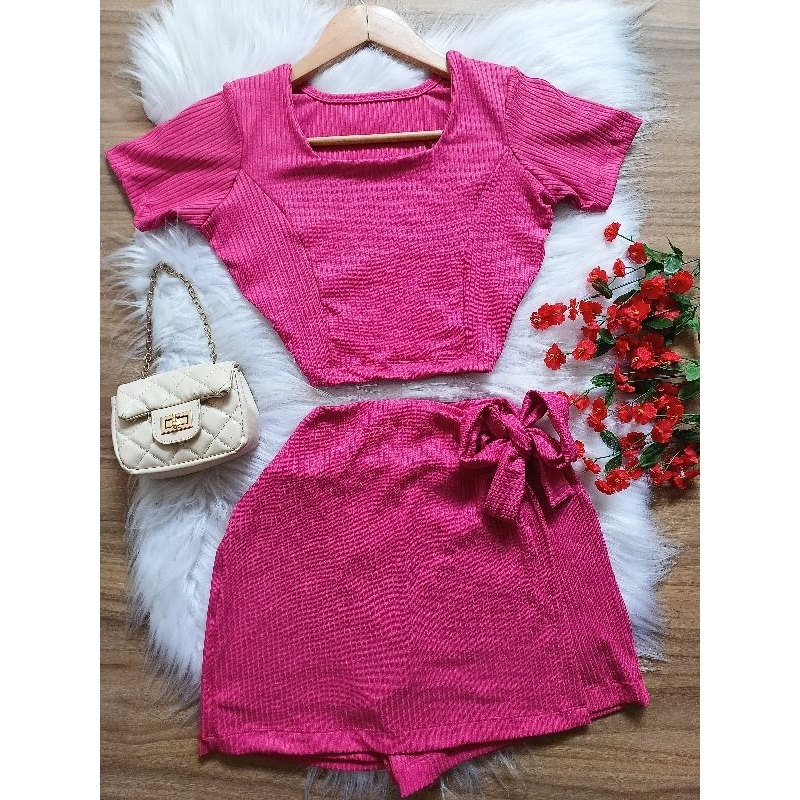 Conjuntos Feminino Tecido Canelado Cropped Com Manga E Short Saia Estiloso