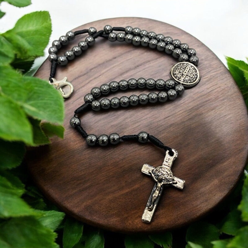 Terço Pulso Acessório Religioso Pulseira Hematita São Bento