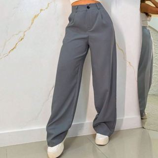 Calça Pantalona Feminina Alfataria com Botão e Ziper Wide Leg em Oferta na Shopee