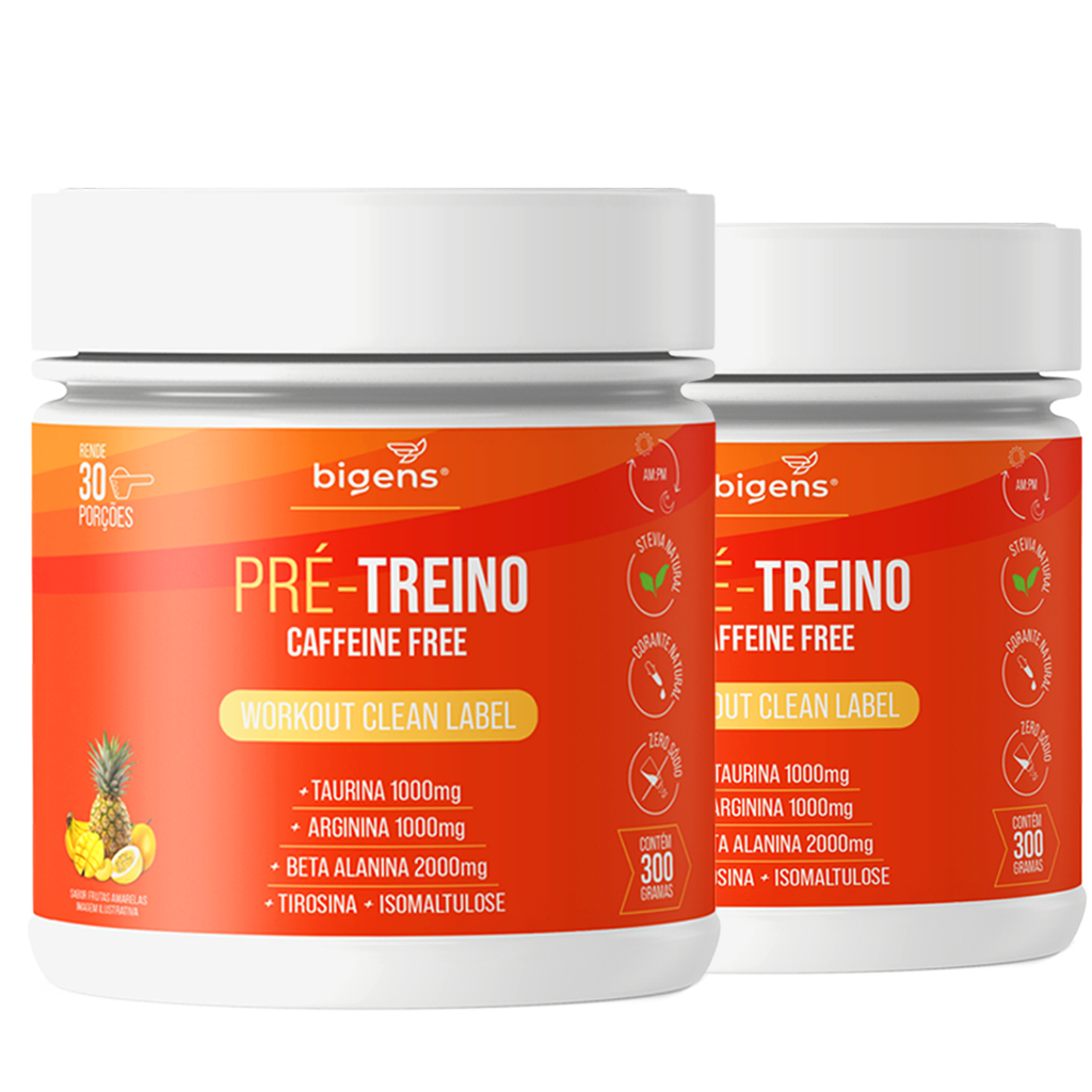 Kit Pré-Treino - Sem Cafeína, Natural Clean 300g – Frutas Amarelas – Label Caffeine Free - Bigens em Oferta na Shopee