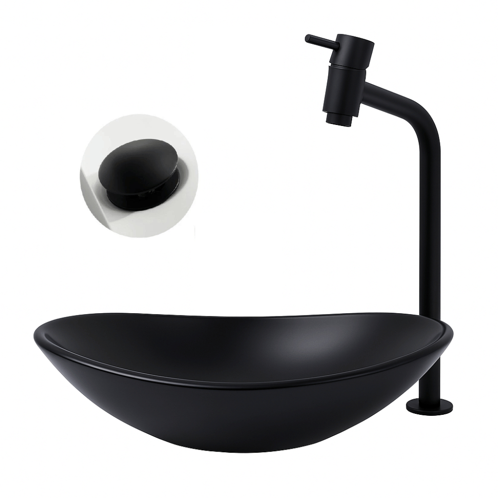 KIT CUBA PIA DE VIDRO OVAL 47CM P/ BANHEIROS + TORNEIRA LINK E VALVULA CLICK - ACABAMENTO FOSCO PREMIUM