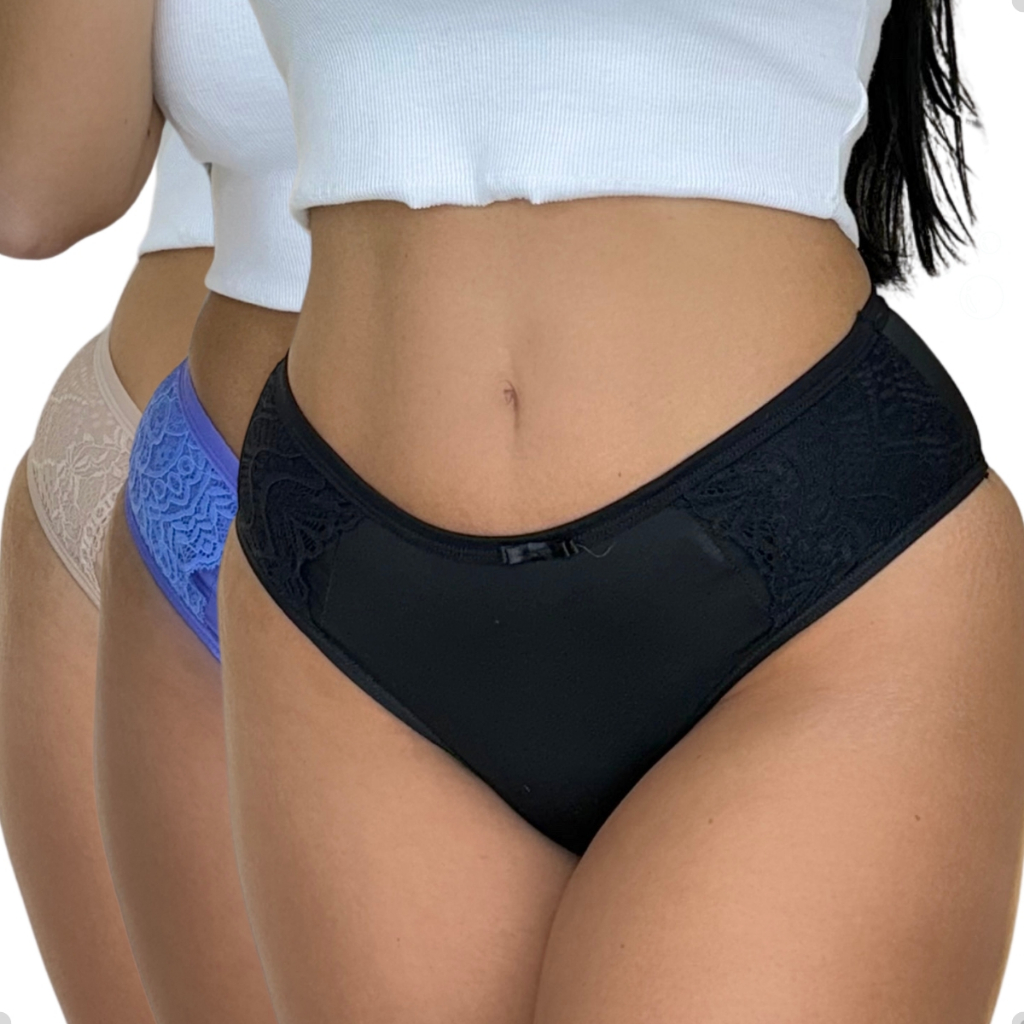 Kit 3 Calcinha Calçola Renda Lateral Larga Conforto Dia a Dia Microfibra Tanga Moda Intima Lingerie