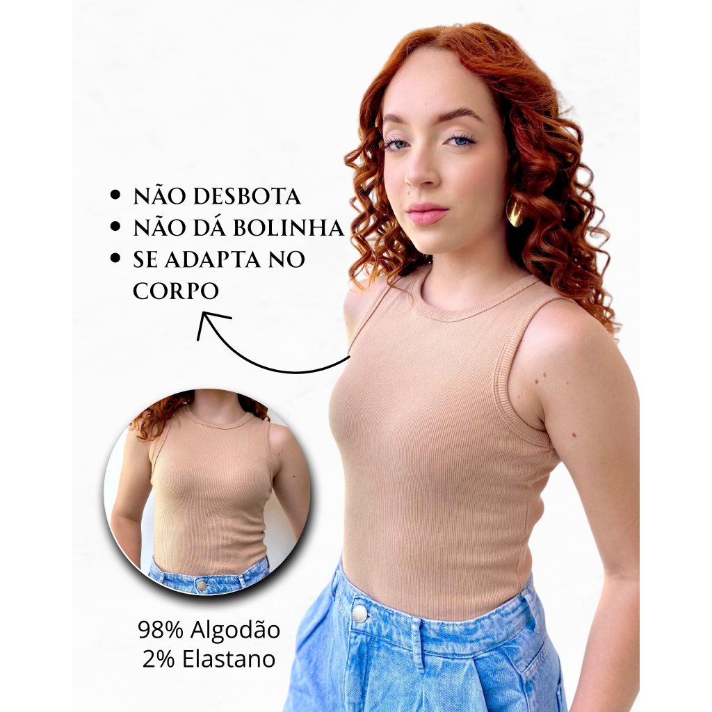 Regata Feminina Canelada Algodão com Elastano Ribana Blusinha Básica Estilosa